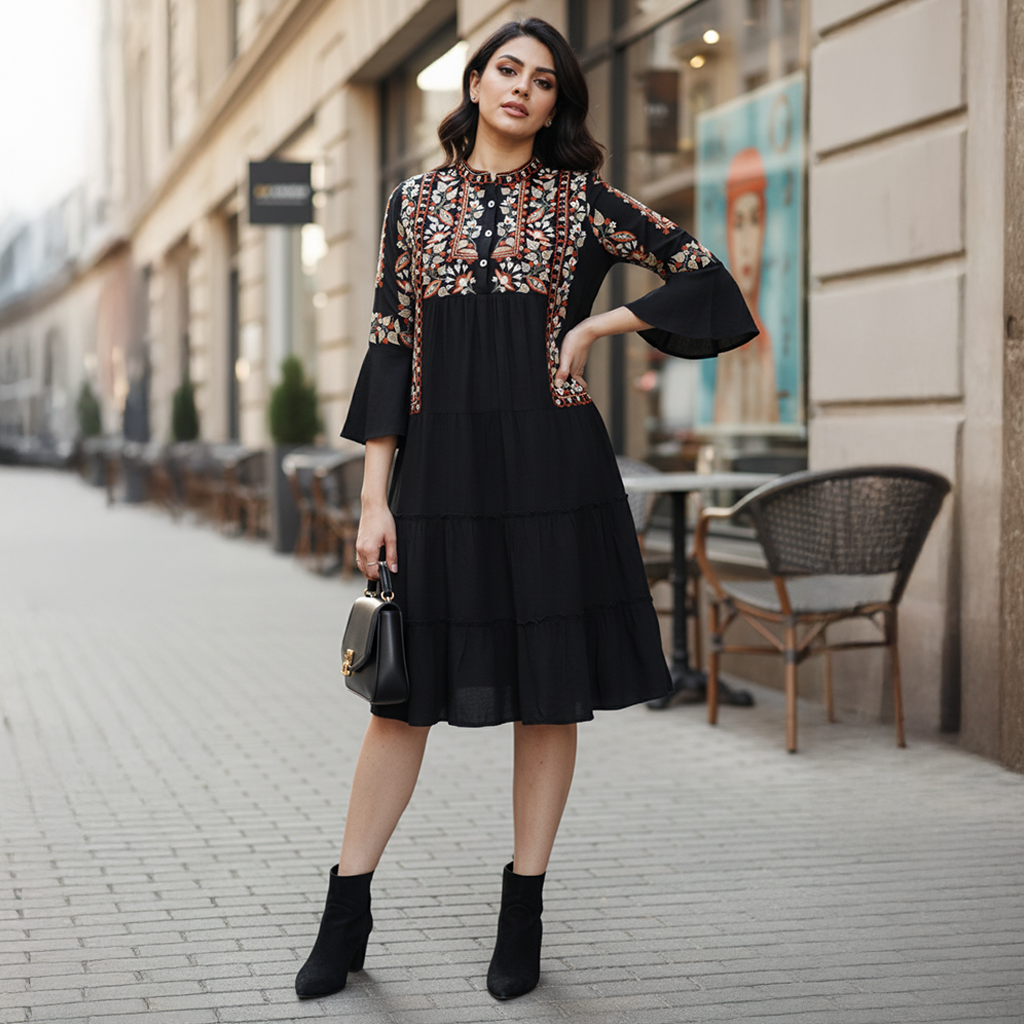 Embroidered Empire Dress Midi - BLACK