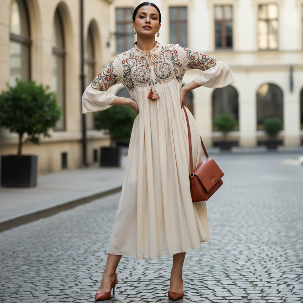 Embroidered Empire Dress Maxi - BIEGE