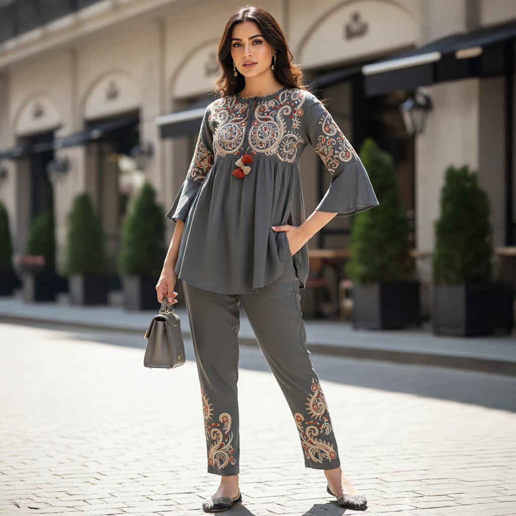 Embroidered Co-ord Set - GREY