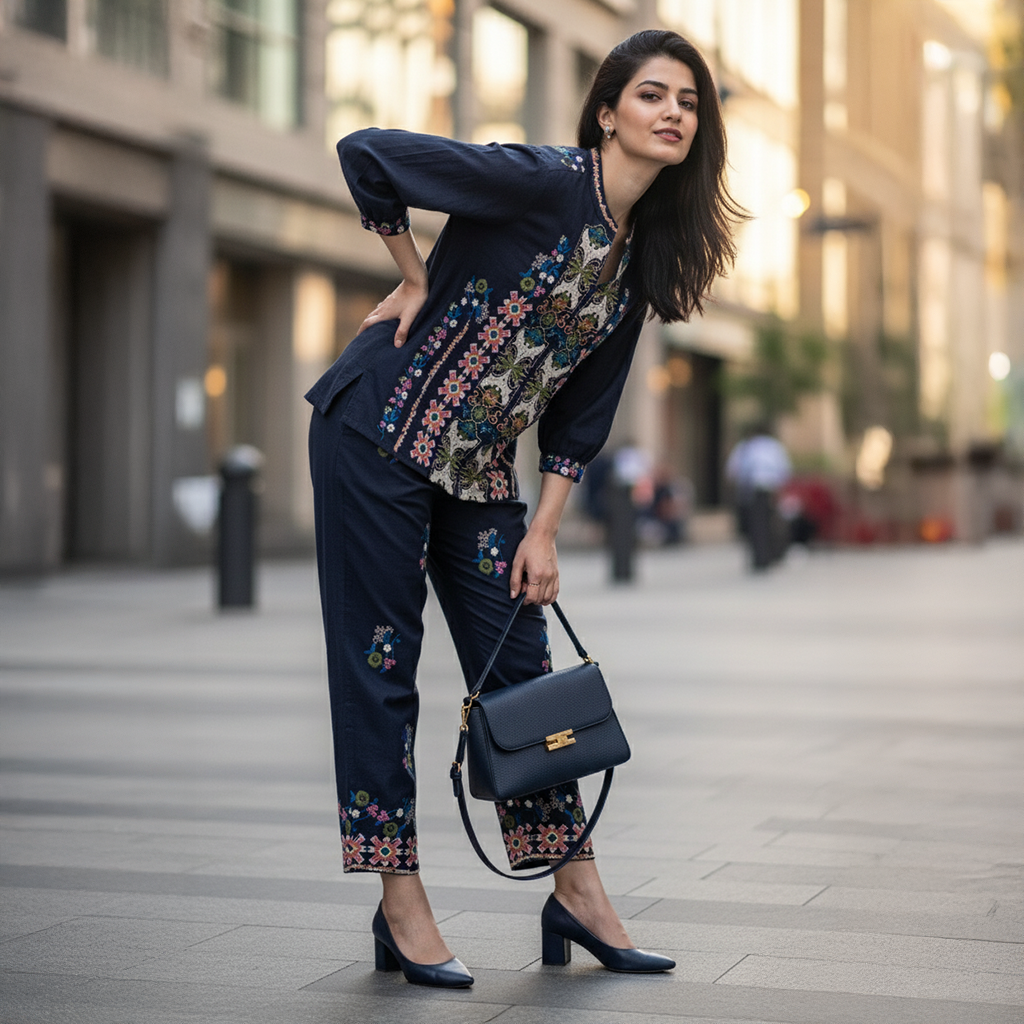 Embroidered Co-ord Set - BLACK