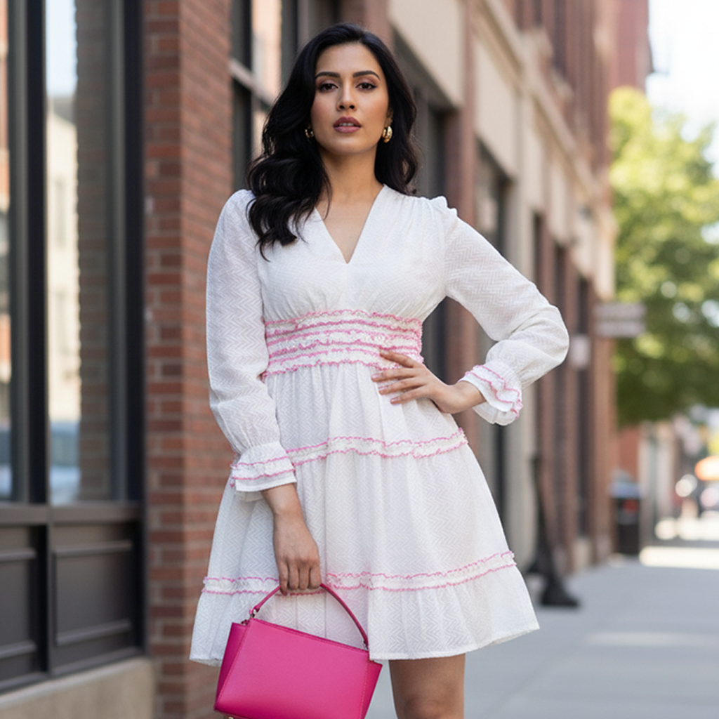LOLA DRESS Gathered || WHITE PINK